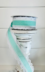 Mint Green and White Scalloped Edge Royal Burlap Wired Ribbon - 1.5 Inches Wide, 10 Yards Length - Perfect for Crafts-RGA1541AN