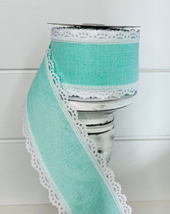 2.5"x10YD Mint Green/White Scalloped Edge Royal Burlap Wired Ribbon - Rustic Charm with a Touch of Elegance-RGA1542AN