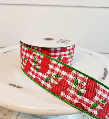 RGA164956-1.5"x10YD Cherries on Gingham Check-Red/White/Green - TCTCrafts
