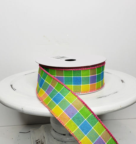 RGA1859-Bright Check Spring Ribbon Green/Pink/Yellow/Blue - TCTCrafts