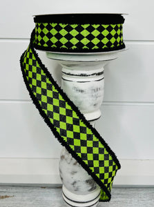 1.5"x10YD Harlequin on Royal/Drift Wired Ribbon - Lime Green/Black - Playful Elegance for Crafts and Decor (RGA8416E9)