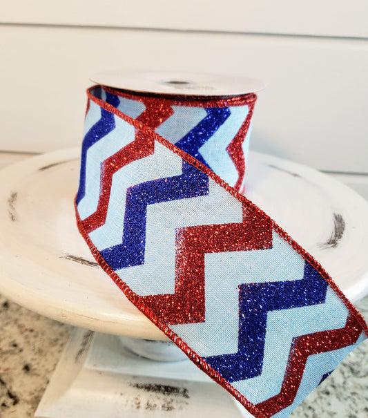 RGC123614-2.5"x10Yd Glitter Chevron on Royal-Pale Blue/Red/Blue Patriotic Ribbon - TCTCrafts