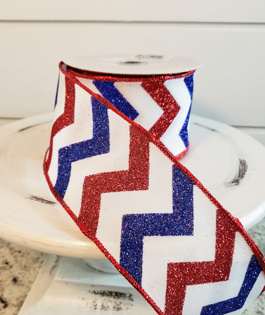 RGC12367J-2.5"x10YD Glitter Chevron on Faux Royal-Red/White/Blue - TCTCrafts