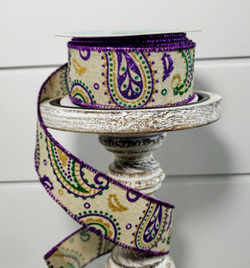 RGC137518-1.5"x10yd Paisley on Royal Wired Ribbon-Natural/Purple/Gold/Emerald - TCTCrafts