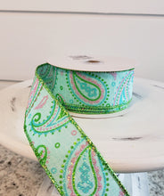 Load image into Gallery viewer, RGC1384YR-1.5&quot;x10yd Paisley on Royal-Mint Green/Pink/Lt Blue Spring Ribbon - TCTCrafts