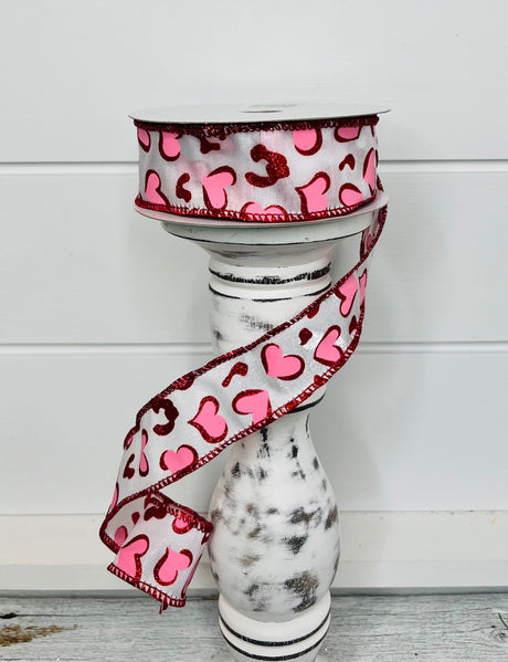 1.5"x10YD Heart Leopard Spots Valentine's Day Wired Ribbon - Pink/Red/White - Playful Romance for Crafts and Decor (RGC189624) TCT Crafts