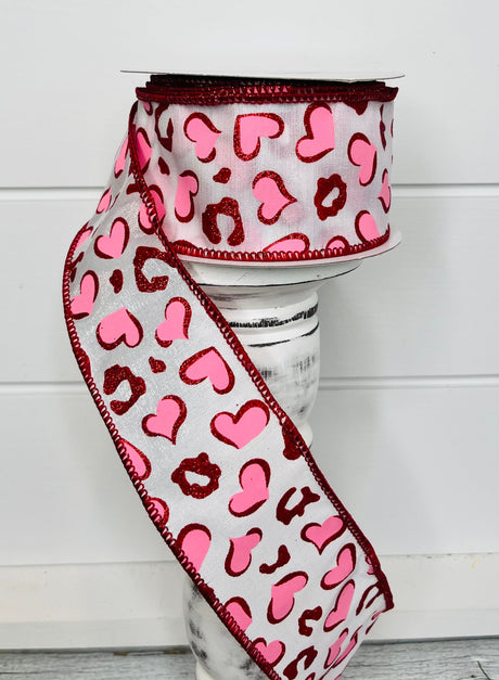 2.5"x10YD Heart Leopard Spots Valentine's Day Wired Ribbon - Pink/Red/White - Playful Romance for Crafts and Decor-(RGC189724) TCT Crafts
