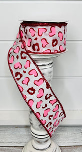 2.5"x10YD Heart Leopard Spots Valentine's Day Wired Ribbon - Pink/Red/White - Playful Romance for Crafts and Decor-(RGC189724)
