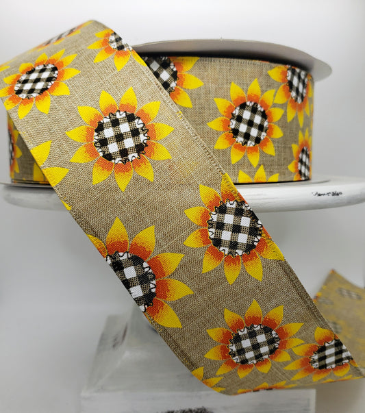 RJ4940-46 2.5"x50yd Natural Linen Sunflower Wired Ribbon - TCTCrafts