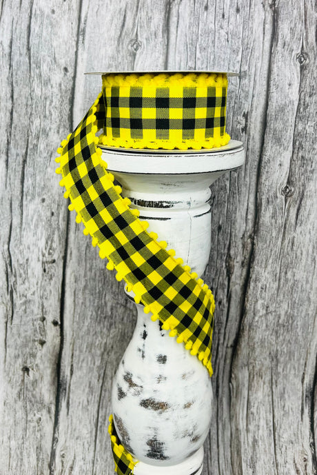 1.5"x10YD Yellow/Black Check Ribbon with Poms - Playful Charm and Vibrant Style- (RN585873) TCT Crafts