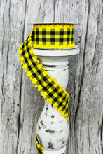 Load image into Gallery viewer, 1.5&quot;x10YD Yellow/Black Check Ribbon with Poms - Playful Charm and Vibrant Style- (RN585873)