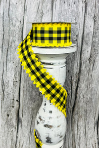 1.5"x10YD Yellow/Black Check Ribbon with Poms - Playful Charm and Vibrant Style- (RN585873)