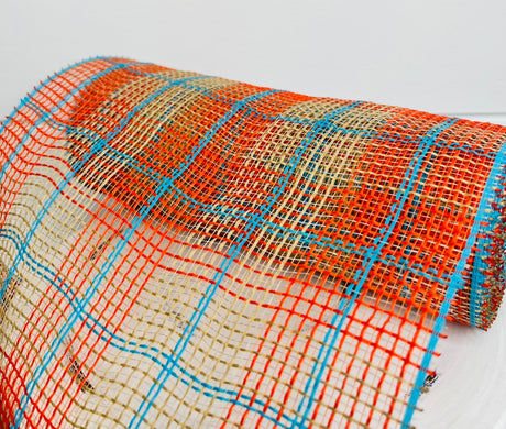 10.25" x 10yd Fall Plaid Faux Jute Mesh Roll - Orange, Natural & Turquoise, Ideal for Wreath Making-RY8331X4 TCT Crafts