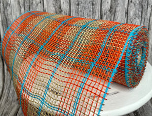 10.25" x 10yd Fall Plaid Faux Jute Mesh Roll - Orange, Natural & Turquoise, Ideal for Wreath Making-RY8331X4