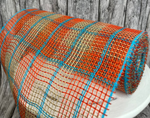 10.25" x 10yd Fall Plaid Faux Jute Mesh Roll - Orange, Natural & Turquoise, Ideal for Wreath Making-RY8331X4