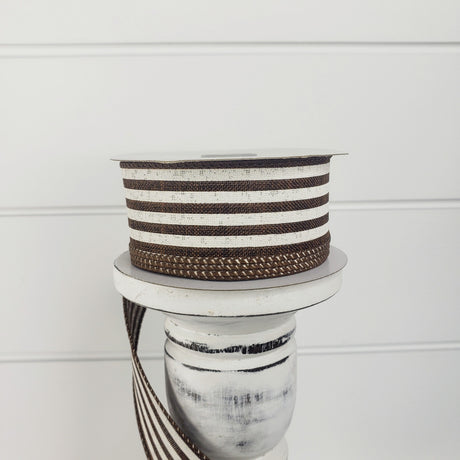 1.5"x10YD Chocolate Linen/Ivory Cabana Stripe Wired Ribbon - Rustic Sophistication for Crafts, Wreathmaking, and Decor-(X916309-38) TCT Crafts