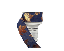 Load image into Gallery viewer, 1.5&quot;x10YD Linen with Embossed Leaves Fall Wired Ribbon - Navy/Rust - Natural Elegance for Autumn Crafts and Decor-(X970709-27)