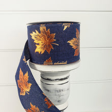 Load image into Gallery viewer, 2.5&quot;x10YD Linen with Embossed Leaves Fall Wired Ribbon - Navy/Rust - Natural Elegance for Autumn Crafts and Decor-(X970740-27)