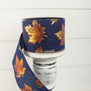 2.5"x10YD Linen with Embossed Leaves Fall Wired Ribbon - Navy/Rust - Natural Elegance for Autumn Crafts and Decor-(X970740-27)