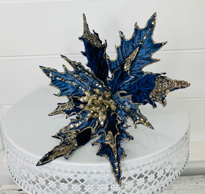 Elegant Blue and Champagne Velvet Poinsettia Stem - 21"L-XS3905
