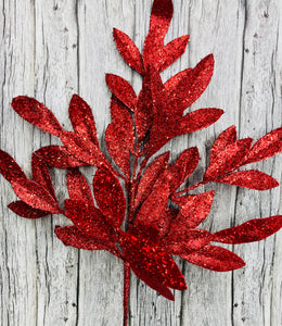 23" Glitter Leaf Spray - Sparkling Red Christmas Floral Accents-XS618224