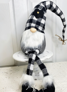 Whimsical Black White Check Fabric Sitting Gnome - 30.75"H-XN4185
